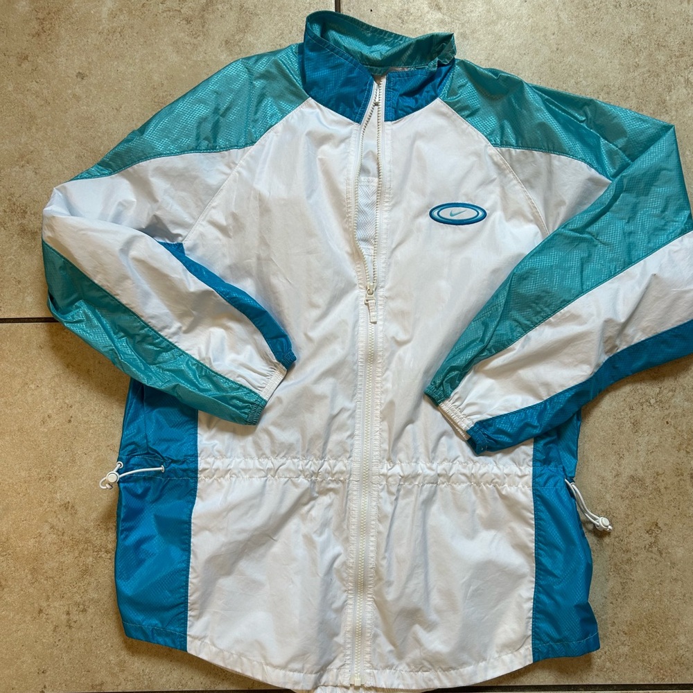 Nike White and Teal Colorblock Windbreaker Jacket